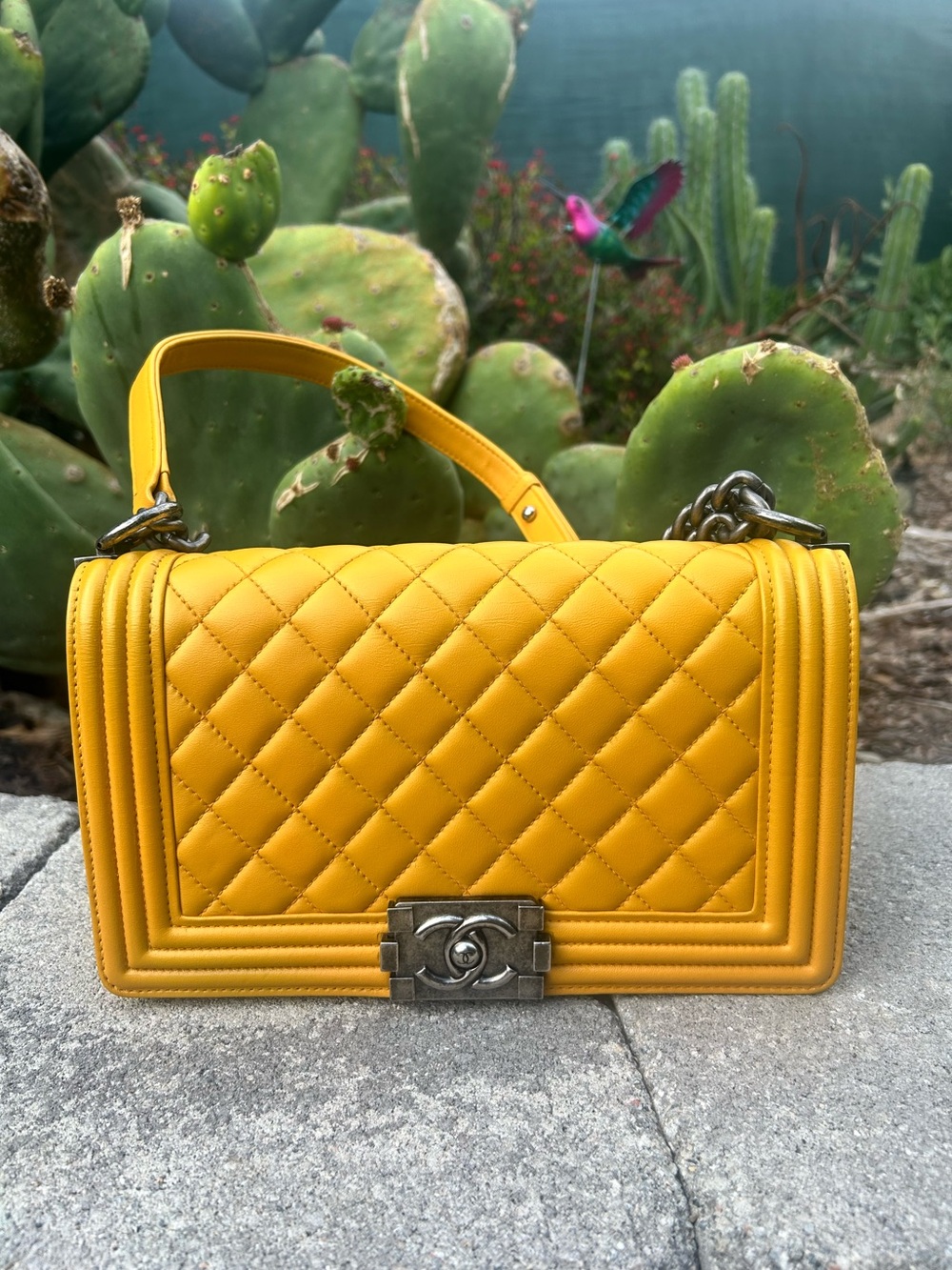 CHANEL Yellow Quilted Boy Flap Bag with Silver-Tone Hardware